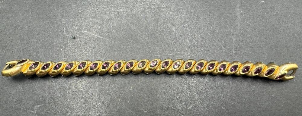 Gold Tone Marquise Purple Rhinestone Link Bracelet Vintage Style Jewelry
